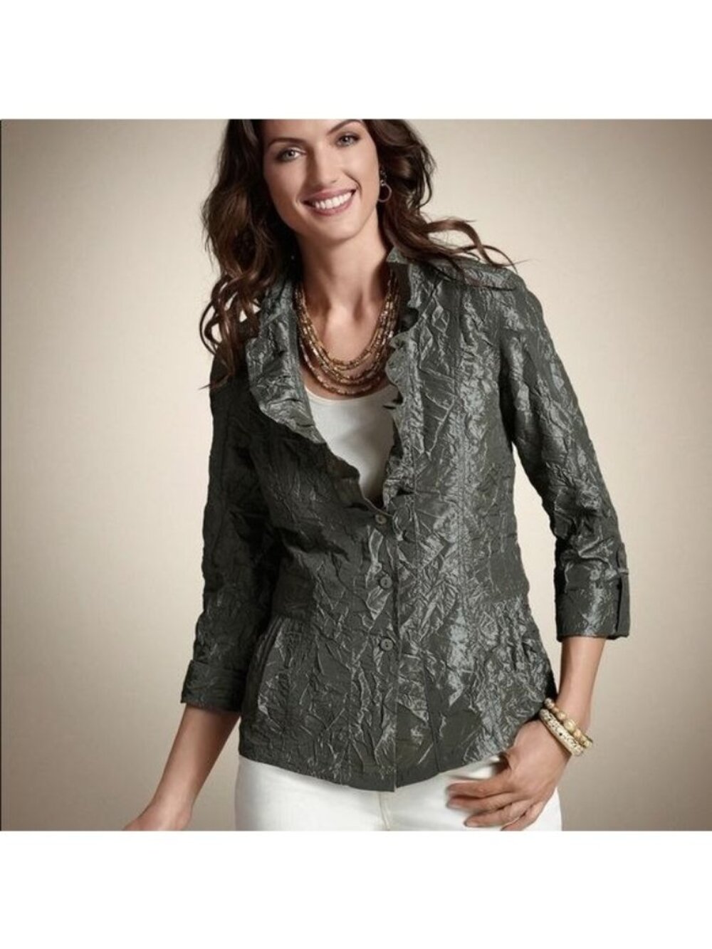 Chicos Ruffled Crinkle Jacket Size 1 Gray 3/4 Sleeve Lightweight Polyester Blend